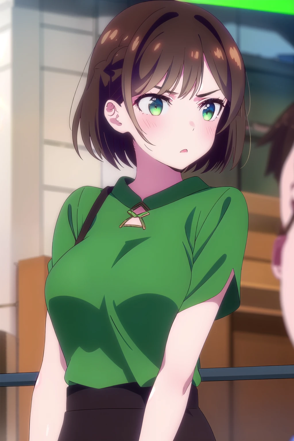 (1 girl),light brown hair,green-eyed,dark green melody clips accesories, Concerns face, straight bang, tied up hair in short housetail