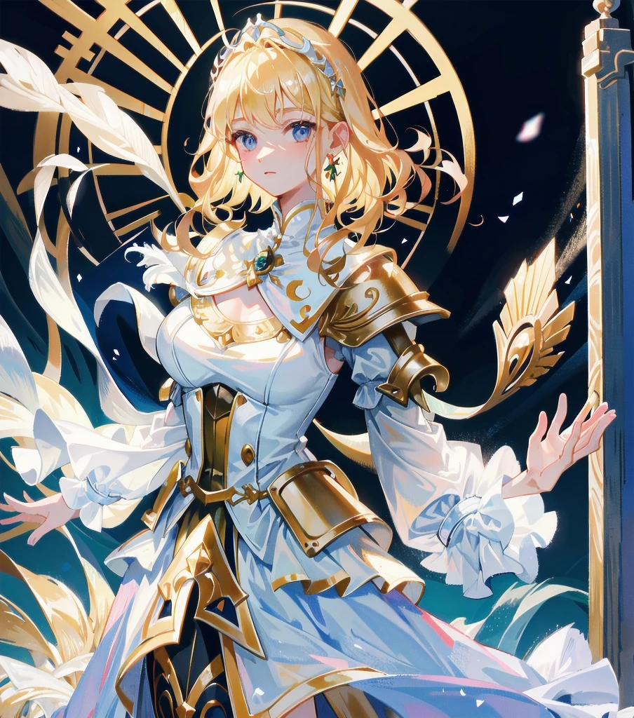 absurdres, RAW photo, extremely delicate and beautiful, masterpiece, Best Quality, ultra high resolution, 32k, hyperrealistic, ultra-detailed, 20 years old, detailed beautiful face, tearful mole, earring, very huge round breasts, short medium hair, wavy hair, wet clothes, (full body shot), alone, blonde hair, gauntlets, Joan of Arc, (surcoat), (cross armor),