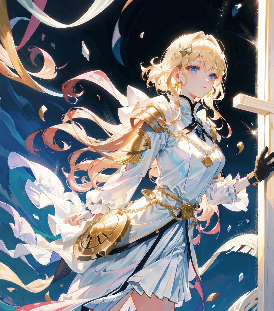 absurdres, RAW photo, extremely delicate and beautiful, masterpiece, Best Quality, ultra high resolution, 32k, hyperrealistic, ultra-detailed, 20 years old, detailed beautiful face, tearful mole, earring, very huge round breasts, short medium hair, wavy hair, wet clothes, (full body shot), alone, blonde hair, gauntlets, Joan of Arc, (surcoat), (cross armor),