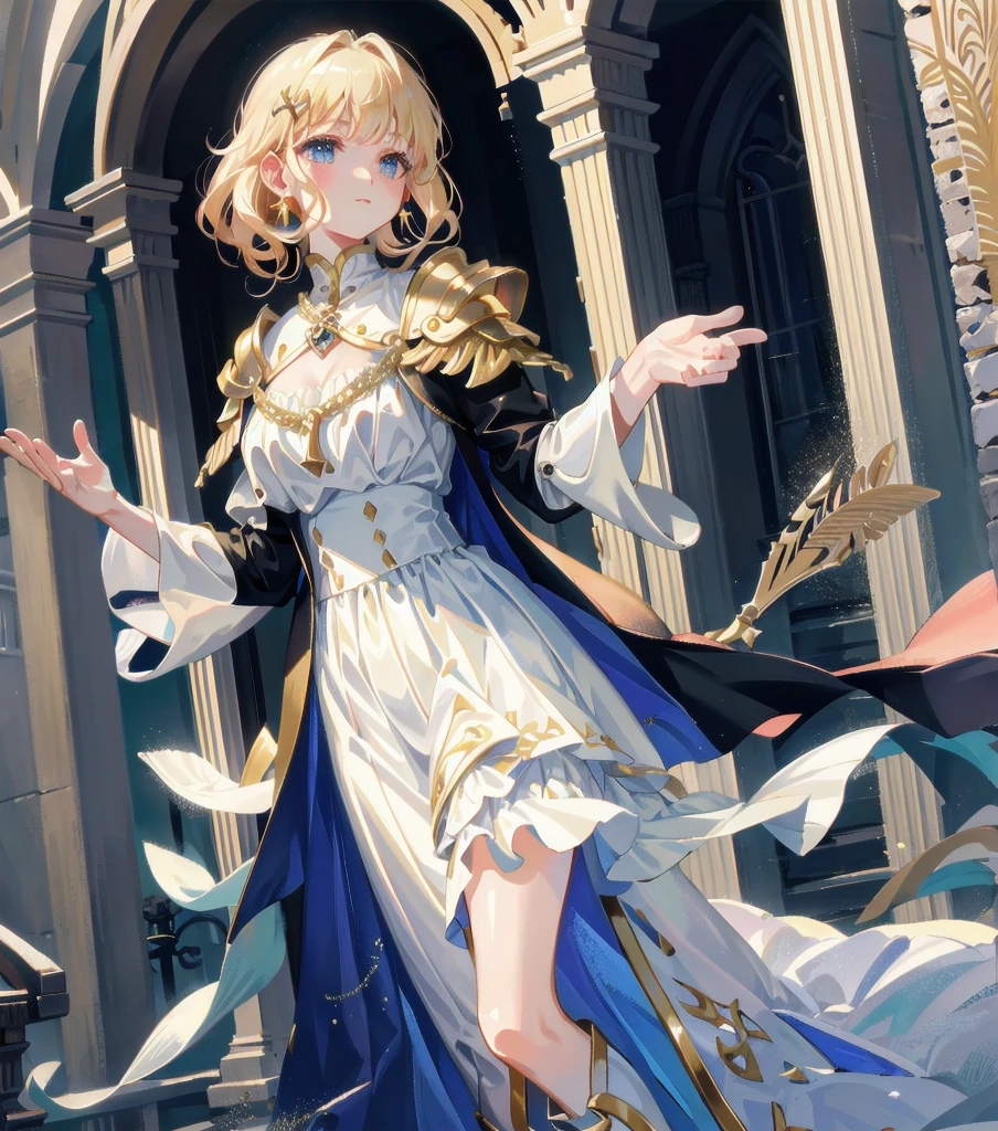 absurdres, RAW photo, extremely delicate and beautiful, masterpiece, Best Quality, ultra high resolution, 32k, hyperrealistic, ultra-detailed, 20 years old, detailed beautiful face, tearful mole, earring, very huge round , short medium hair, wavy hair, wet clothes, (full body shot), alone, blonde hair, gauntlets, Joan of Arc, (surcoat), (cross armor),