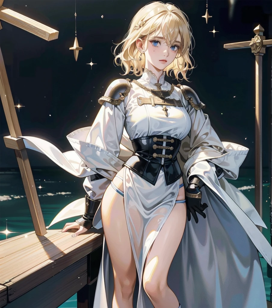 absurdres, RAW photo, extremely delicate and beautiful, masterpiece, Best Quality, ultra high resolution, 32k, hyperrealistic, ultra-detailed, 20 years old, detailed beautiful face, tearful mole, earring, very huge round breasts, short medium hair, wavy hair, wet clothes, (full body shot), alone, blonde hair, gauntlets, Joan of Arc, (surcoat), (cross armor),