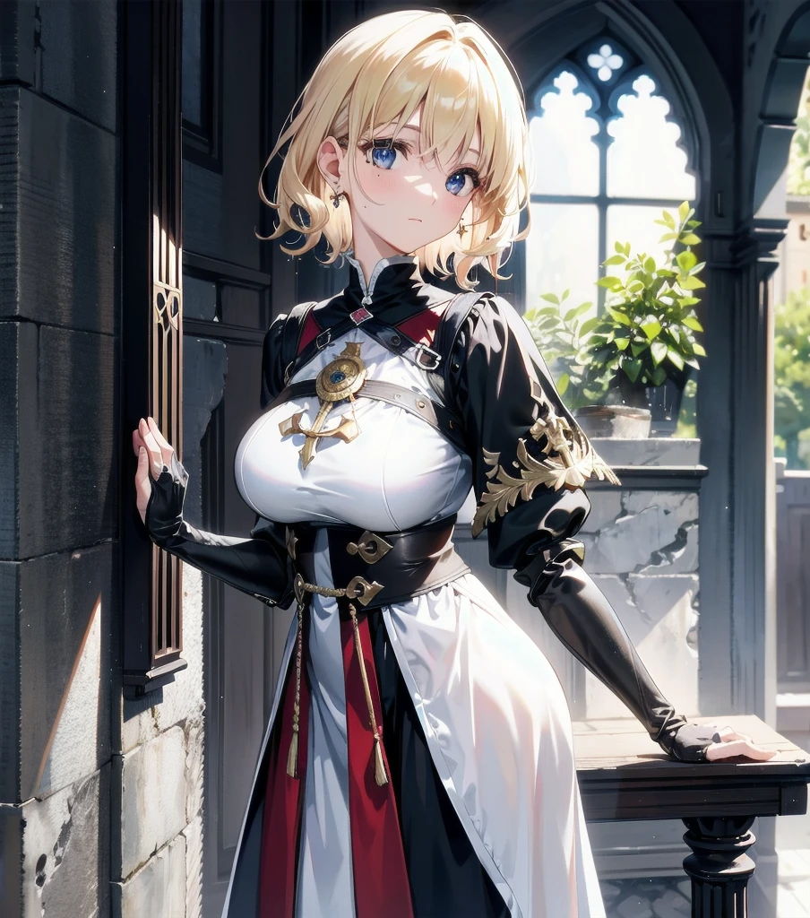absurdres, RAW photo, extremely delicate and beautiful, masterpiece, Best Quality, ultra high resolution, 32k, hyperrealistic, ultra-detailed, 20 years old, detailed beautiful face, tearful mole, earring, very huge round breasts, short medium hair, wavy hair, wet clothes, (full body shot), alone, blonde hair, gauntlets, Joan of Arc, (surcoat), (cross armor),