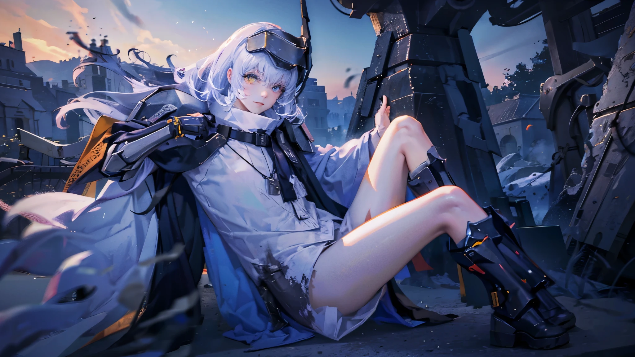 yellow eyes, white hair, ,hair reaching down to the ribs,long hair, headgear, mechanical boots, cloak, bare legs, single pauldron,1 peoson , solo , Game CG, dark fantasy, SF, focus on characters, gorgeous, full body, clear lines, best quality, detailed, detailed face, detailed hands, detailed legs, detailed human body, cool, old castle, gate, knight, guard, high place, machine life, massacre, kill, shooting stance, white anti-ship rifle, powerful, powerful, fighting, dynamic, action, fire, explosion, war, dust, blood, bloody, blood on clothes, wound, injury