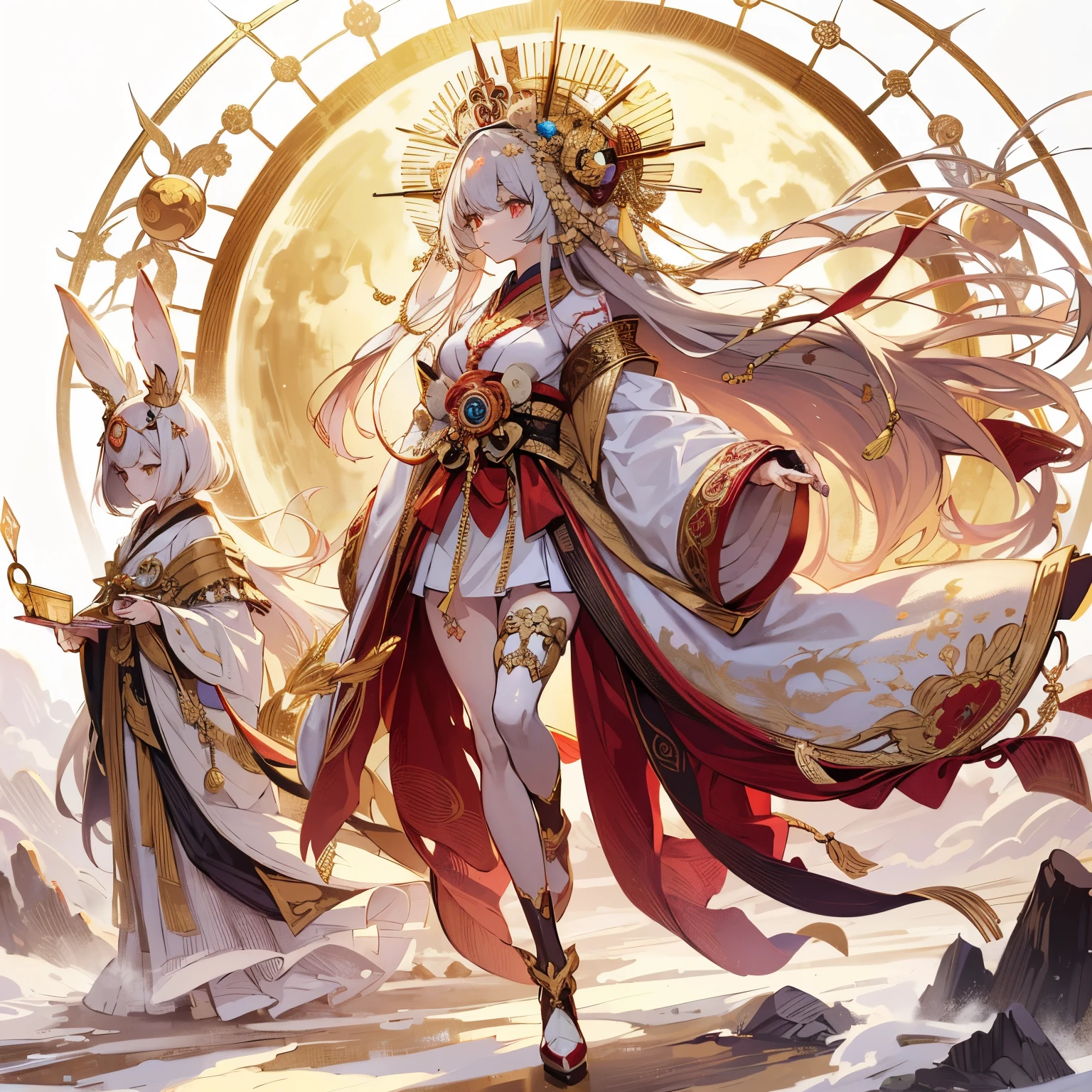 (masterpiece, highest quality), (Perfect athletic body:1.2), (Detailed Hair), Very detailed, Anime Style, alone, whole body, Moon Goddess Tsukuyomi, Mysterious and gorgeous gold, red and white kimono, Wearing a gold crown、Cloth blinds covering her face, He carries a golden ring on his back, high boots, Digital Painting, 8K High Resolution, whole body, White Background, standing wilderness