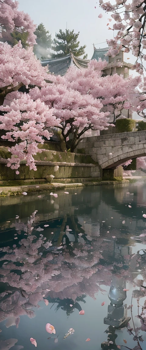 ((masterpiece, highest quality, Highest image quality, High resolution, photorealistic, Raw photo, 8K)), ((Extremely detailed CG unified 8k wallpaper)), An old castle at night, cherry trees planted along the moat are bewitchingly lit by torchlight, cherry blossoms reflected on the water surface create a magical atmosphere, a large moon floats in the dark sky, (cherry petals are scattered in the mist surrounding the area:1.5), fine petals and water texture, silhouette of the castle in the moonlight,