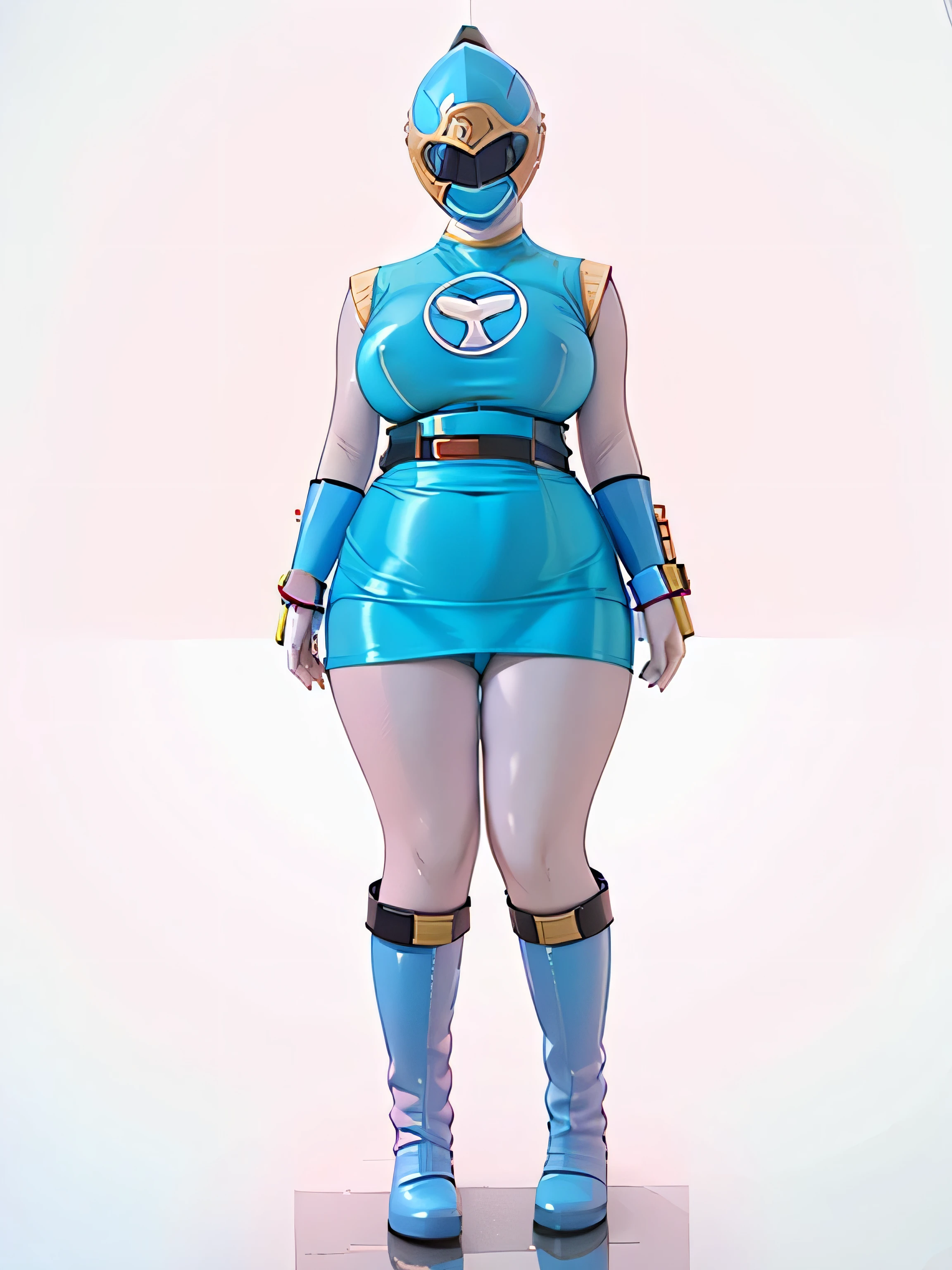 White background、hurricane blue、ninpuu sentai hurricanger、(Ultra-detailed illustration、Ultra-precision performance、masterpiece、highest quality、超High resolution、High resolution)、(Big Breasts:1.2)、Thighs、Plump body、Leg spread、((Full body pink tights))、Shiny clothes、boots、Nipples showing through clothes