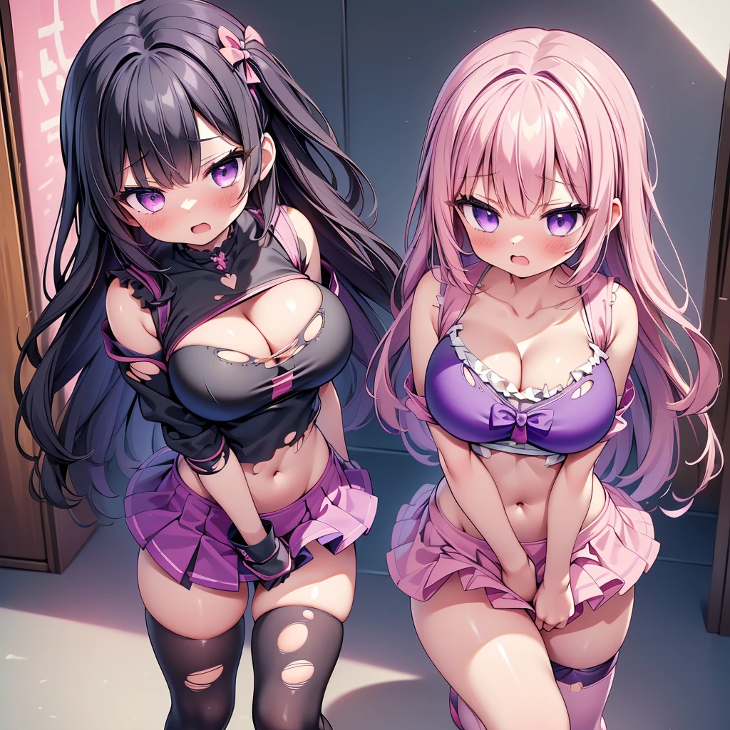 (8K、Best image quality、highest quality、masterpiece)、Detailed face、(2 girls, Black Hair, Purple Eyes, long hair)、Improve、 (magical pink girl outfit,frill mini skirt:1.2), (skinny body:1.1), (huge breasts:1.2), (cleavage cutout), (torn clothes:1.6), (open mouth), (embarrassed), Classroom Background, (black stockings:1.2), (Thighs:1.2), (Waistline), (from above:1.2)