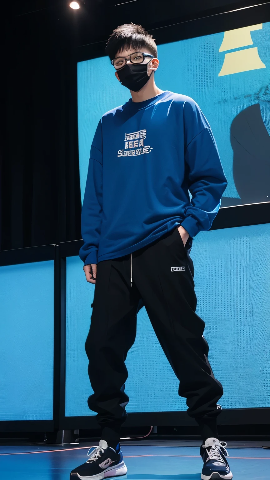 18 year old Shanghai boy, he is wearing a oversized big blue t shirt long Sleeve, he is wearing black Rope trousers, he is wearing black sneakers, he is wearing a mask, he is wearing glasses, he is playing DJ, NIGHTCLUB, full body,