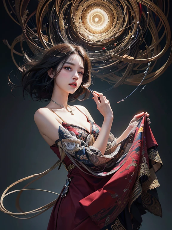 official art, unity 8k wallpaper, ultra detailed, beautiful and aesthetic, masterpiece, best quality, (zentangle, mandala, tangle, entangle), (fractal art:1.3) , 1girl, extremely detailed, dynamic angle, cowboyshot, the most beautiful form of chaos, elegant, a brutalist designed, vivid colours, romanticism, by james jean, roby dwi antono, ross tran, francis bacon, michal mraz, adrian ghenie, petra cortright, gerhard richter, takato yamamoto, ashley wood, atmospheric, ecstasy of musical notes, streaming musical notes visible