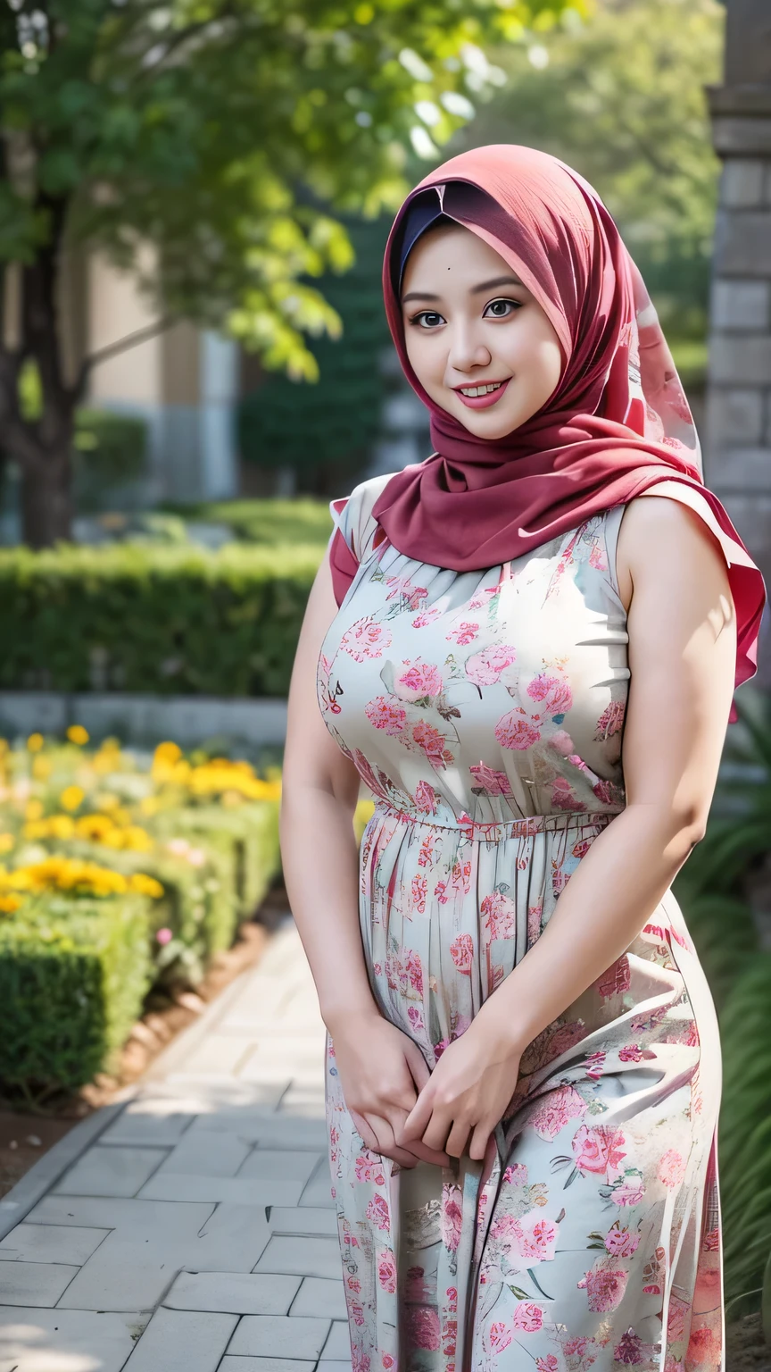 RAW, Best quality, high resolution, Masterpiece: 1.3), Beautiful Malay woman in hijab, Masterpiece, Perfect slim body, ((Big breasts)), Beautiful big eyes, water eyes, Soft smile, ((wearing tight red pastel floral malay gamis with closed hijab)), simple diamond necklace, ((closed clothes), ((polite clothes)), windy, skin details, skin texture details, wide hips, thick thighs, sexy body, morning time, laughing, happy, bright sunlight, flower garden path, blurred background, bokeh,