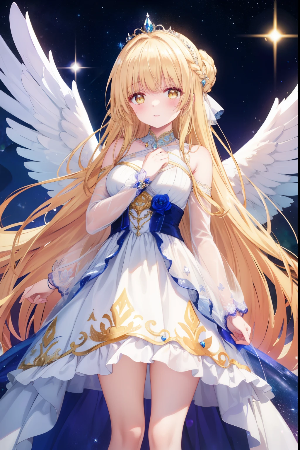Mahiru shiina, , blonde, (Yellow Eyes:1.3)、Braided long hair,,blush,smile,Beautiful views, Attractive thighs、Beautiful bare legs, Angel wings have grown、//Character
1girl,
BREAK
//Fashions 
Celestial Goddess,
Inspired by the beauty and majesty of the cosmos, this costume exudes ethereal elegance and celestial charm, The ensemble features a flowing gown in shimmering shades of midnight blue, purple, or silver, reminiscent of the starry night sky, The gown is adorned with glittering sequins, beads, and celestial motifs, evoking the splendor of distant galaxies and constellations, 
BREAK
Pair the gown with delicate celestial accessories such as a sparkling tiara or a crescent moon necklace, adding a touch of celestial magic to the ensemble, Complete the look with flowing hair styled in loose waves or intricate braids, reminiscent of a celestial goddess descending from the heavens, This costume is perfect for fantasy-themed events, cosmic masquerades, or anyone who wants to shine like a star,
BREAK、I can see your Pantastar piece.:1.2), highest quality, High resolution, unity 8k wallpaper, (shape:0.8), (Beautiful and beautiful eyes:1.6), Highly detailed face, Perfect lighting, Highly detailed CG, (Perfect hands, Perfect Anatomy),