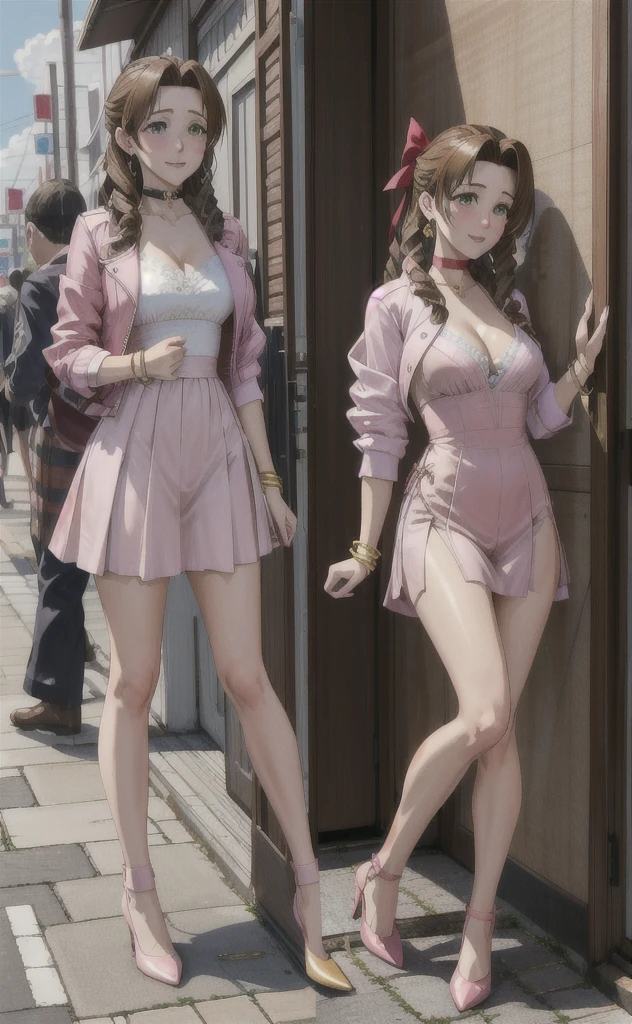 a3r1th, aerith multi view upper body, upskirt panties view, legs together, a3r1th, peeing, peeing herself, her own urine is trickling down her legs, perfect female figure, Aerith Gainsborough, holding small flower basket, peeing down her legs, green eyes, surrounded by other people, one woman in front of her, standing in very busy midgar city street, sunny, choker, cropped jacket, hair bow, bracelet, long pink dress, high heeled shoes, looking down nervously, shy, embarrassed, aroused, shocked, panicking, worried, outdoors, smiling, a small puddle of her own urine is forming around her feet on the dry ground, very desperate to pee, wetting herself, urination, legs crossed, rape face, full-face blush, high detail, Realism, Hyperrealism, three sided view, multiple views, perspective, ccurate, masterpiece, highres, UHD, anatomically correct, super detail, best quality, highres, 8kShe