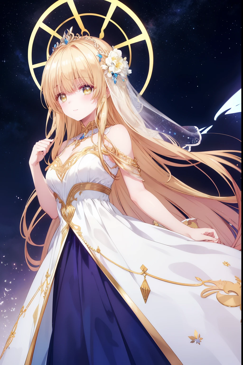 Mahiru shiina, , blonde, (Yellow Eyes:1.3)、Braided long hair,,blush,smile,Beautiful views, Attractive thighs、Beautiful bare legs, Angel wings have grown、//Character
1girl,
BREAK
//Fashions
Celestial Goddess,
Inspired by the beauty and majesty of the cosmos, this costume exudes ethereal elegance and celestial charm, The ensemble features a flowing gown in shimmering shades of midnight blue, purple, or silver, reminiscent of the starry night sky, The gown is adorned with glittering sequins, beads, and celestial motifs, evoking the splendor of distant galaxies and constellations,
BREAK
Pair the gown with delicate celestial accessories such as a sparkling tiara or a crescent moon necklace, adding a touch of celestial magic to the ensemble, Complete the look with flowing hair styled in loose waves or intricate braids, reminiscent of a celestial goddess descending from the heavens, This costume is perfect for fantasy-themed events, cosmic masquerades, or anyone who wants to shine like a star,
BREAK、I can see your Pantastar piece.:1.2), highest quality, High resolution, unity 8k wallpaper, (shape:0.8), (Beautiful and beautiful eyes:1.6), Highly detailed face, Perfect lighting, Highly detailed CG, (Perfect hands, Perfect Anatomy),