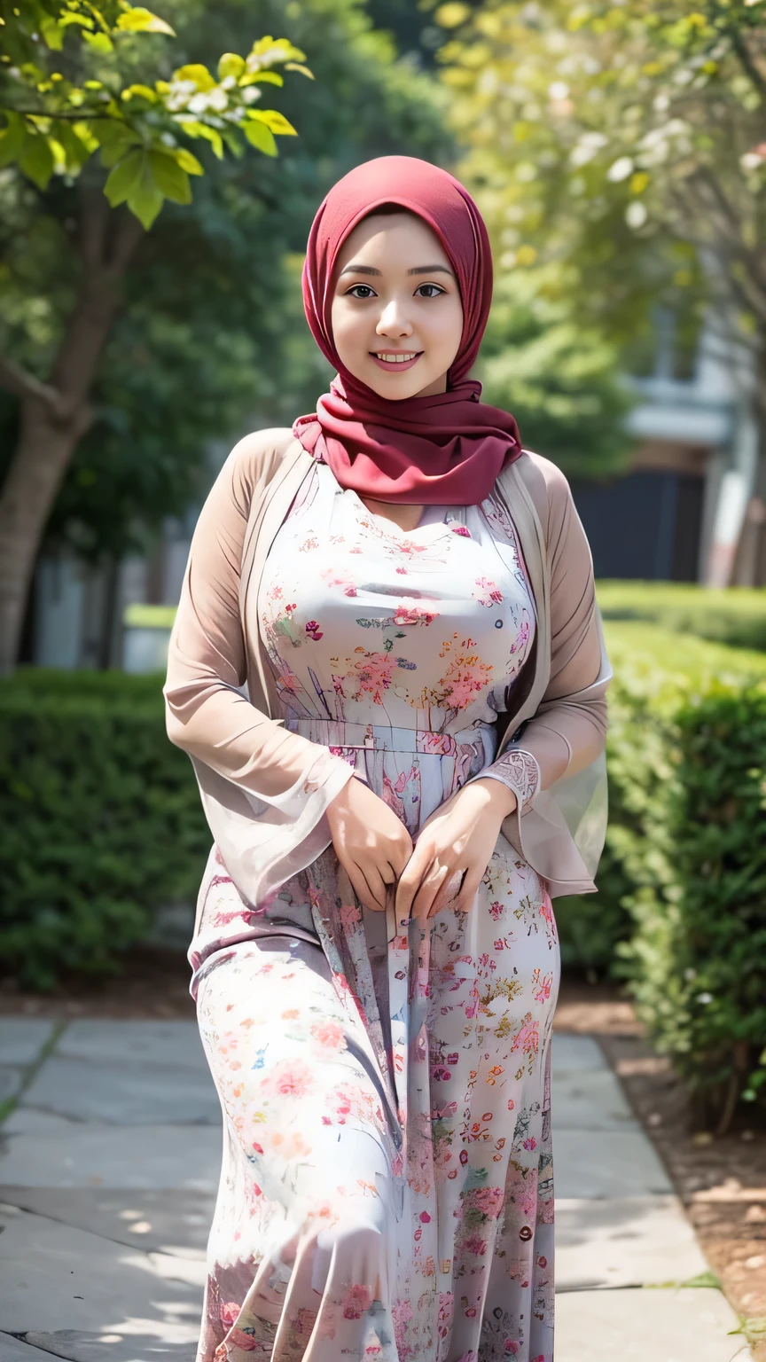RAW, Best quality, high resolution, Masterpiece: 1.3), Beautiful Malay woman in hijab, Masterpiece, Perfect slim body, ((Big breasts)), Beautiful big eyes, water eyes, Soft smile, ((wearing tight red pastel floral malay gamis with closed hijab)), simple diamond necklace, ((closed clothes), ((polite clothes)), windy, skin details, skin texture details, wide hips, thick thighs, sexy body, morning time, laughing, happy, bright sunlight, flower garden path, blurred background, bokeh,