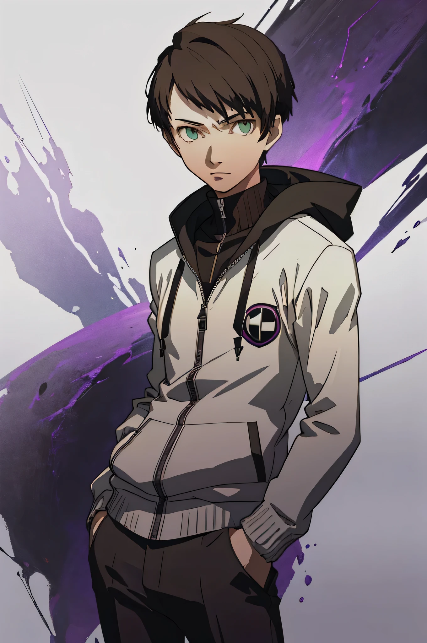 (masterpiece:1.2, best quality), 1boy, solo, upper body, portrait, green eyes, a black shujin academy blazer layered over a purple and black hoody, khakis slacks, short spikey brown hair (white background) standing pose