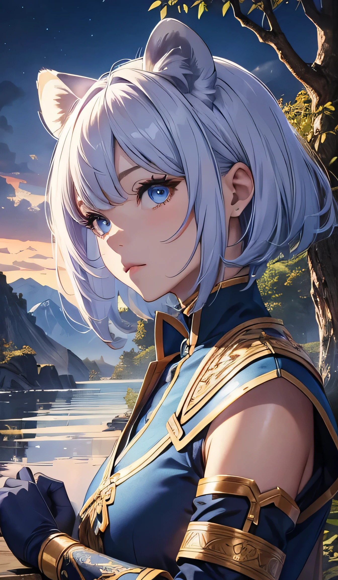 beautiful detailed girl, clear and beautiful, Taking personality as the main perspective, glowing skin, girls, not, young, 20 years, short hair, shortcut, ((short boots, Knee and ankle middle height boots)), beautiful details, cold face, cold expression, beautiful and delicate eyes, blue eyes, , minuscule , blue eyes, Authentic skin texture, Very nice 8KCG wallpaper, Very nice 8K CG wallpaper, Watercolor (middle), female warrior, purple hair, Hair color RGB value 863c91, (((full body cut))), cat ears, , Moonlit night, (((dark night, midnight))) (((nature background, mountain, wood))), ((outdoors)), Short hair, beautiful details glass hair, ((chinese costume, Clothing with navy blue as the basic color, A protective iron armor cover in the shape of a lion's face on the chest., chest lion face shape sculpture protector, Indigo Plate Shoulderguards, Ironclad wrist and back guards , chinese style guardian, Waistband black, Large iron decoration in the center of the belt, Bottom front cover is gray cloth., 2-ply side covers, side shield iron scales, Indigo Knee Brace, Knee-length Ironclad boots, Ironclad boots,