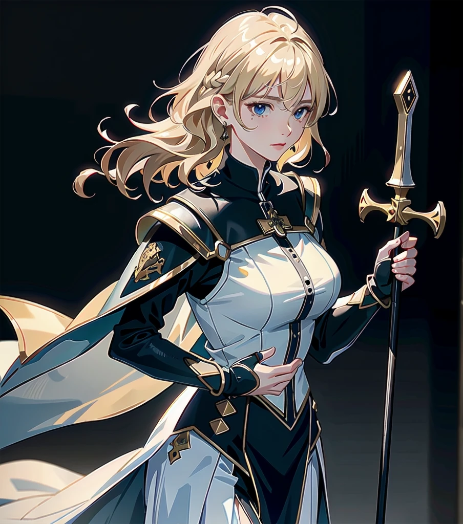 absurdres, RAW photo, extremely delicate and beautiful, masterpiece, Best Quality, ultra high resolution, 32k, hyperrealistic, ultra-detailed, 20 years old, detailed beautiful face, tearful mole, earring, very huge round breasts, short medium hair, wavy hair, wet clothes, (full body shot), alone, blonde hair, gauntlets, Joan of Arc, (surcoat), (cross armor),