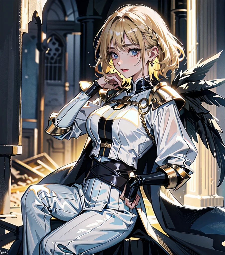 absurdres, RAW photo, extremely delicate and beautiful, masterpiece, Best Quality, ultra high resolution, 32k, hyperrealistic, ultra-detailed, 20 years old, detailed beautiful face, tearful mole, earring, very huge round breasts, short medium hair, wavy hair, wet clothes, (full body shot), alone, blonde hair, gauntlets, Joan of Arc, (surcoat), (cross armor),