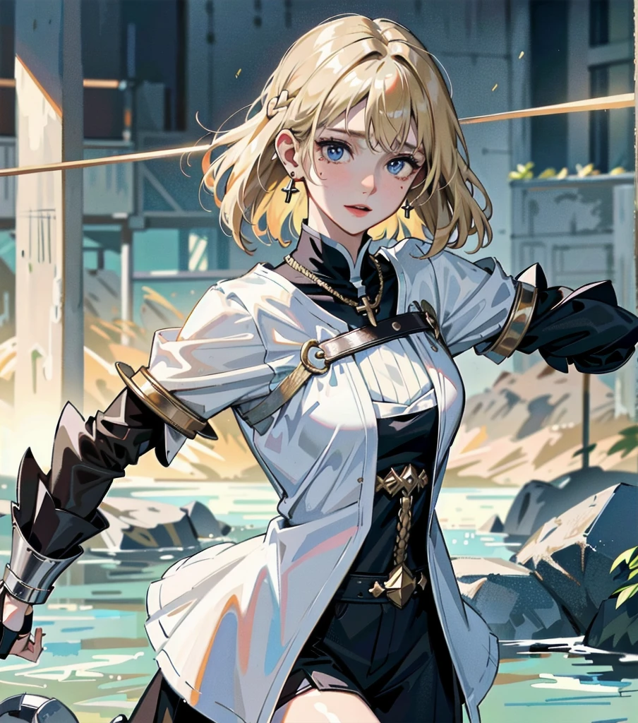 absurdres, RAW photo, extremely delicate and beautiful, masterpiece, Best Quality, ultra high resolution, 32k, hyperrealistic, ultra-detailed, 20 years old, detailed beautiful face, tearful mole, earring, very huge round breasts, short medium hair, wavy hair, wet clothes, (full body shot), alone, blonde hair, gauntlets, Joan of Arc, (surcoat), (cross armor),