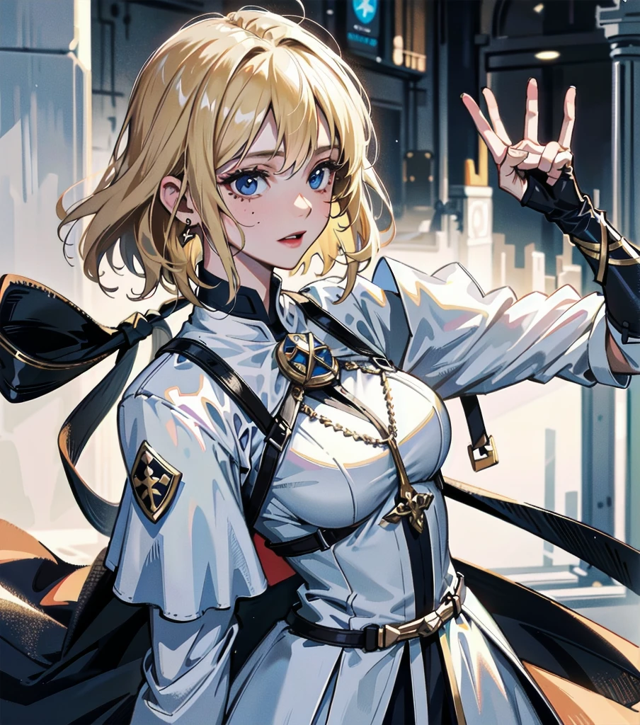 absurdres, RAW photo, extremely delicate and beautiful, masterpiece, Best Quality, ultra high resolution, 32k, hyperrealistic, ultra-detailed, 20 years old, detailed beautiful face, tearful mole, earring, very huge round breasts, short medium hair, wavy hair, wet clothes, (full body shot), alone, blonde hair, gauntlets, Joan of Arc, (surcoat), (cross armor),