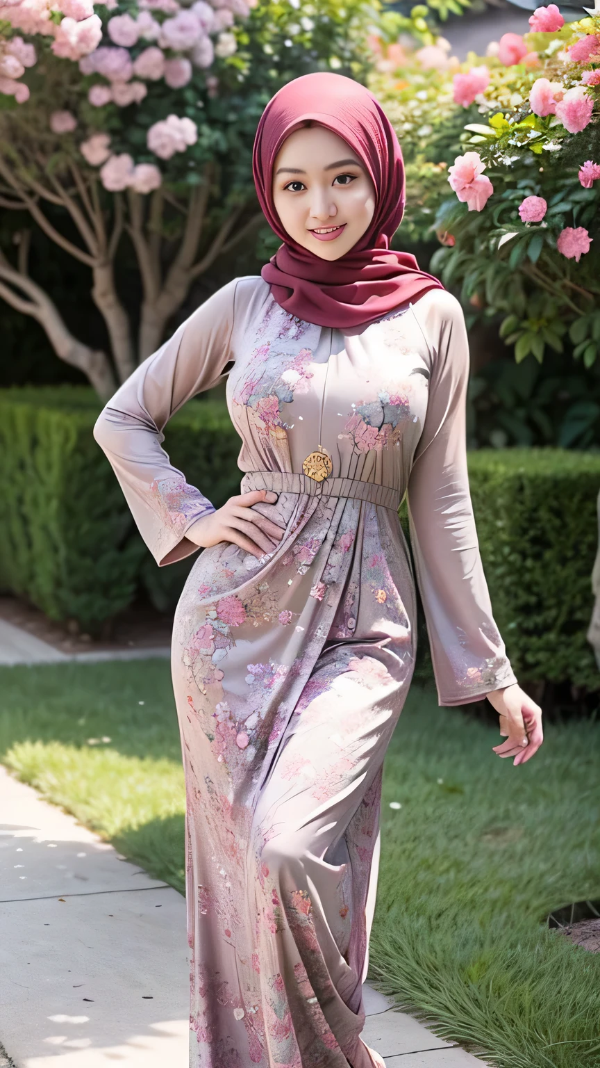 RAW, Best quality, high resolution, Masterpiece: 1.3), Beautiful Malay woman in hijab, Masterpiece, Perfect slim body, ((Big breasts)), Beautiful big eyes, water eyes, Soft smile, ((wearing tight red pastel floral malay gamis with closed hijab)), simple diamond necklace, ((closed clothes), ((polite clothes)), windy, skin details, skin texture details, wide hips, thick thighs, sexy body, morning time, laughing, happy, bright sunlight, flower garden path, blurred background, bokeh,