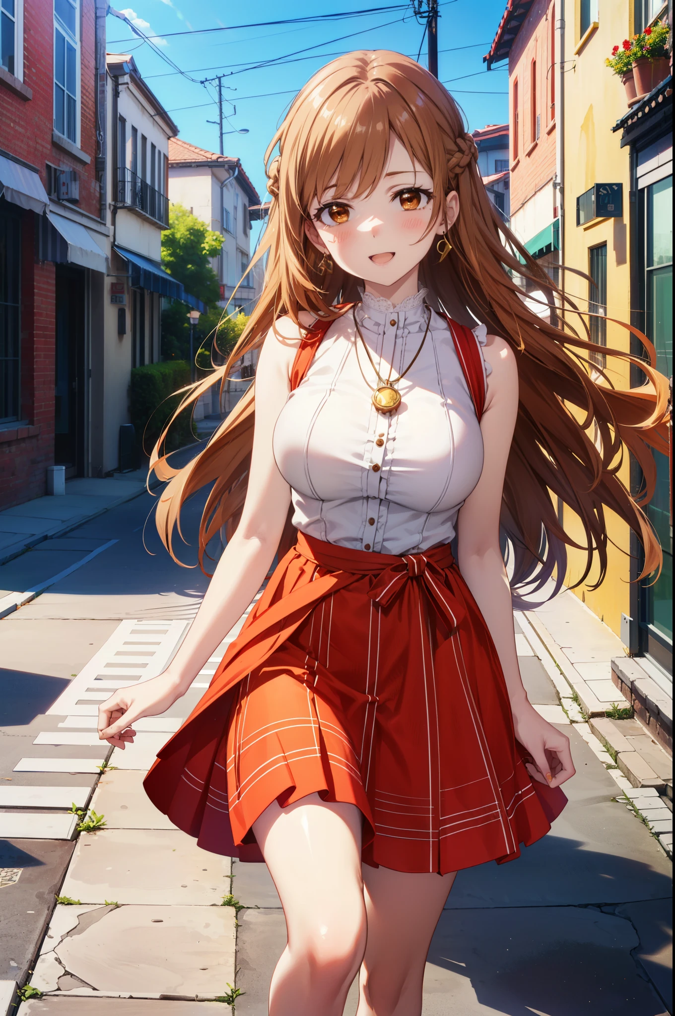 a sun ayuuki, a sun a yuuki, Long Hair, Brown Hair, (Brown eyes:1.8)Big Breasts,,happy smile, smile, Open your mouth,Locket Necklace,Red sleeveless dress,Red long skirt,Cute heeled sandals,True Summer,Daytime,Clear skies,whole bodyがイラストに入るように,
break outdoors, In town,Building district,crowd, people々々,
break looking at viewer, whole body,
break (masterpiece:1.2), highest quality, High resolution, unity 8k wallpaper, (figure:0.8), (Beautiful fine details:1.6), Highly detailed face, Perfect lighting, Highly detailed CG, (Perfect hands, Perfect Anatomy),