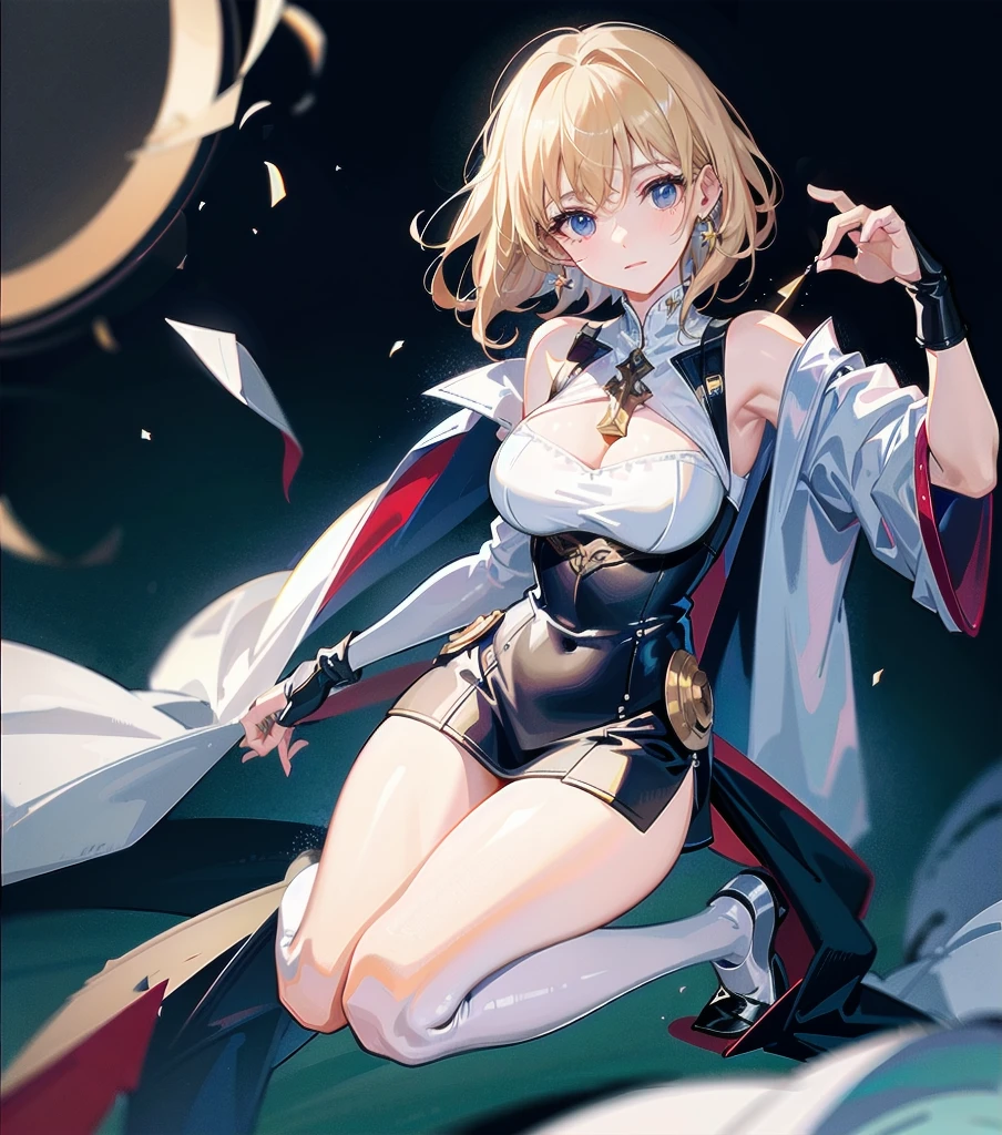 absurdres, RAW photo, extremely delicate and beautiful, masterpiece, Best Quality, ultra high resolution, 32k, hyperrealistic, ultra-detailed, 20 years old, detailed beautiful face, tearful mole, earring, very huge round breasts, short medium hair, wavy hair, wet clothes, (full body shot), alone, blonde hair, gauntlets, Joan of Arc, (surcoat), (cross armor),