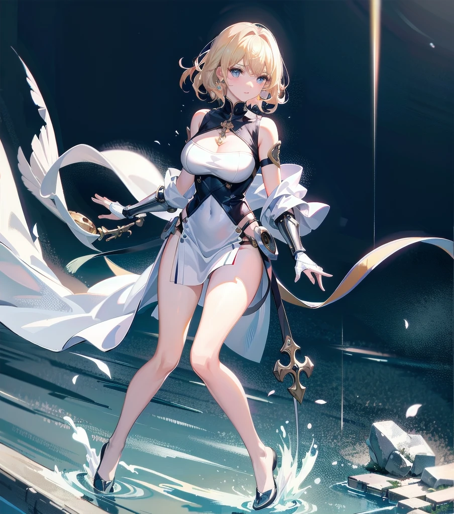 absurdres, RAW photo, extremely delicate and beautiful, masterpiece, Best Quality, ultra high resolution, 32k, hyperrealistic, ultra-detailed, 20 years old, detailed beautiful face, tearful mole, earring, very huge round breasts, short medium hair, wavy hair, wet clothes, (full body shot), alone, blonde hair, gauntlets, Joan of Arc, (surcoat), (cross armor),