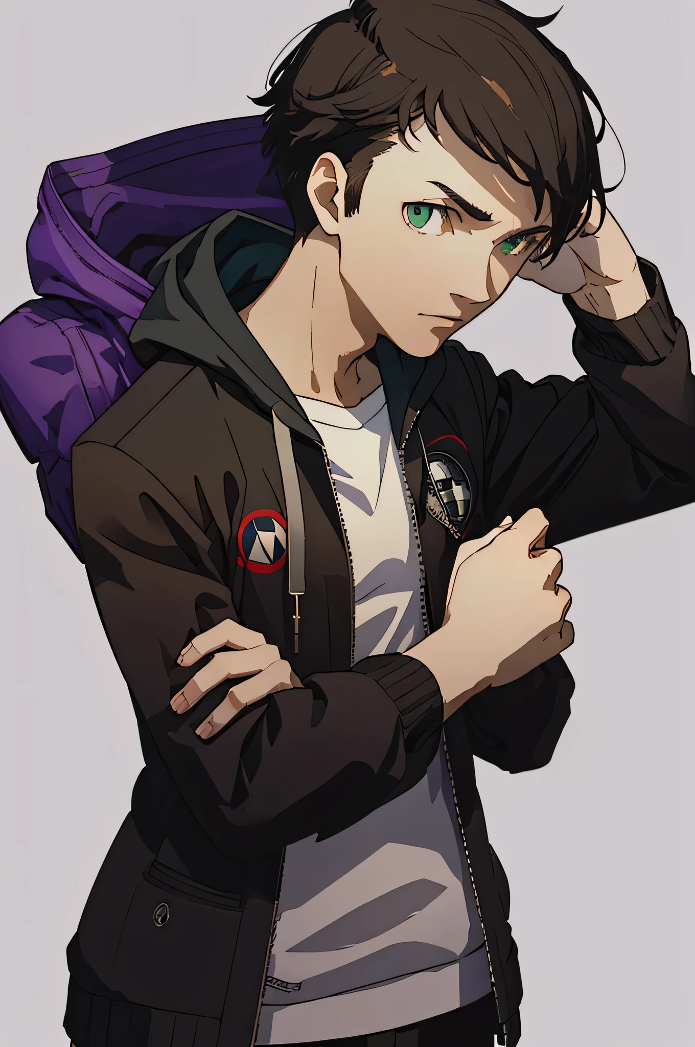 (masterpiece:1.2, best quality), 1boy, solo, upper body, portrait, green eyes, a black shujin academy blazer layered over a purple and black hoody, khakis slacks, short spikey brown hair (white background) standing pose