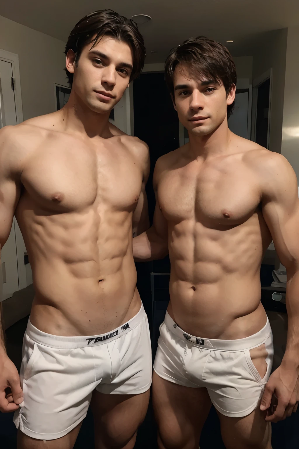 2 shirtless men muscled middle age
