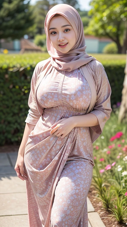 RAW, Best quality, high resolution, Masterpiece: 1.3), Beautiful Malay woman in hijab, Masterpiece, Perfect slim body, ((Big breasts)), Beautiful big eyes, water eyes, Soft smile, ((wearing tight floral malay gamis with closed hijab)), simple diamond necklace, ((closed clothes), ((polite clothes)), windy, skin details, skin texture details, wide hips, thick thighs, sexy body, morning time, laughing, happy, bright sunlight, flower garden path, blurred background, bokeh,