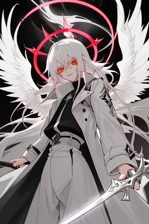 19 year old anime boy, pelo largo blanco y negro en cada mitad, ojo izquierdo rojo brillante de demonio, ojo derecho blanco brillante de angel, usando una espada negra cpn runas, cuernos en la frente, Gray Angel Halo, Intense Flamígero trench coat, colmillos de vampiro, black and white angel wings