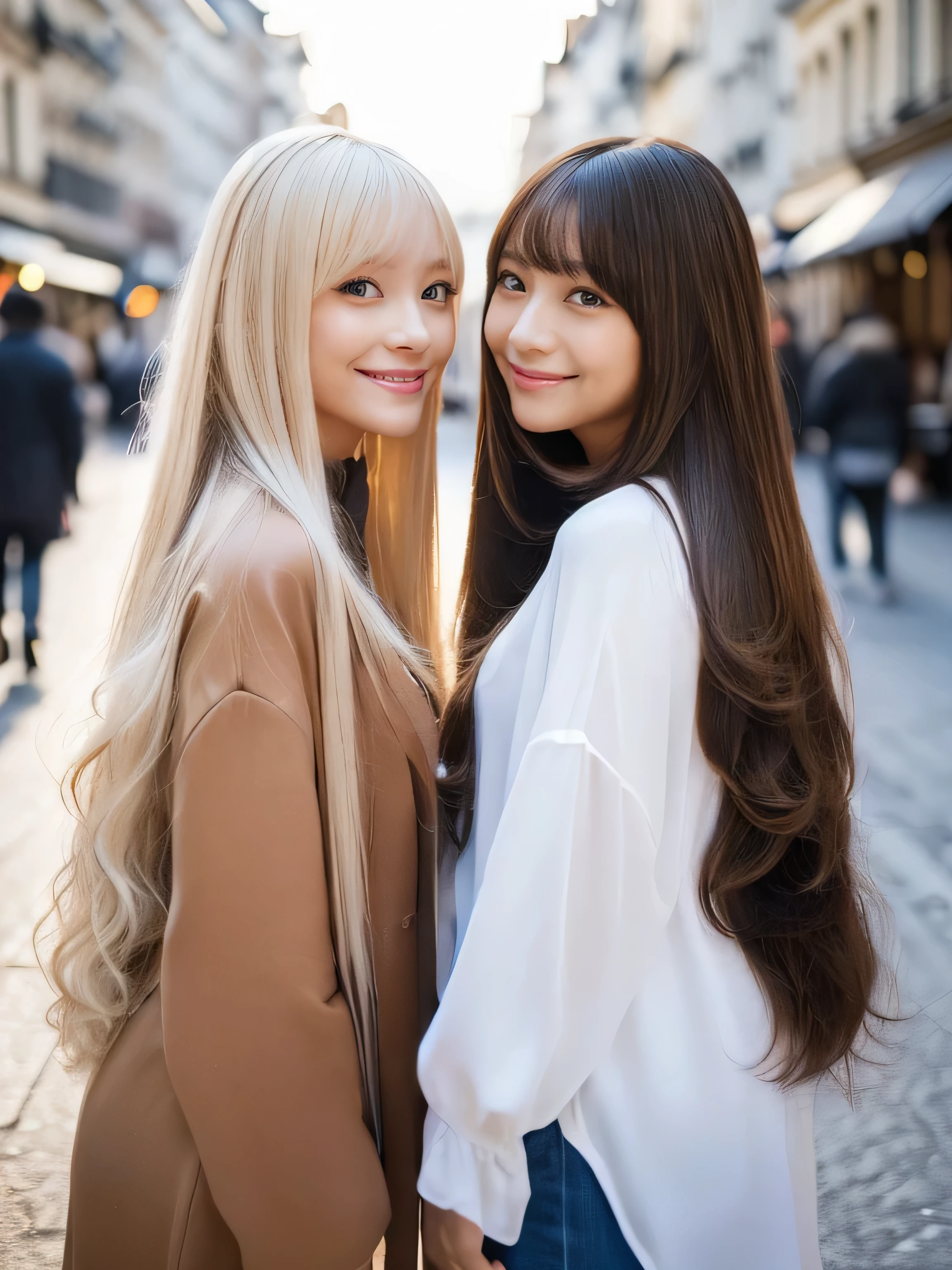 (Above-the-knee shot of two identical twins :1.3)　(The two of them are posing together in a fun-looking way.:2.0)　(They look happy as they look at her in the center of a busy street in France.)　(Their faces are clones　Clothes are random　Hair color is random)　(((Hair color is random)))　((Beautiful model with long platinum blonde hair, girl with super length Hair, extremely length Hair, extra length Hair, very long, Flowing Hair, very length Hair, length Hair girl, very long, Flowing platinum blonde hair, length Hair windy, very longプラチナブロンドヘア, length, Flowing Hair, length and or curly hair, with length Hair, length Hair!!!!　Her highest quality hair is long and 真っ直ぐ or curly hair very long, highest quality platinum blonde, length hair in the center, Highest quality long Straight or curly hair, length, Straight or curly hair, beautiful, High quality platinum blonde hair, length and platinum blonde hair highest quality Straight or curly hair, length Hair, length and Straight or curly hair, highest quality platinum blondeヘア, Perfect silky Straight or curly hair of the highest quality, Straight or curly hair, highest quality platinum blondeヘア, length platinum blonde hair　Straight or curly hair, length, Bright platinum blonde hair　Her hair is long and Straight or curly hair, very longプラチナブロンドヘア, length hair in the center, length Straight or curly hair, length, Straight or curly hair, beautiful hair of the highest quality, length Hair, length, Straight or curly hairプラチナブロンドヘア , length and free Straight or curly hair Platinum blonde hair, Straight or curly hair Platinum blonde hair))　(Her bangs are perfect.:1.3)　(France&#39;s most beautiful 24-year-old hair model)　　((highest quality)), ((masterpiece)), (Familiar)　(Get used to it)　Perfect Face　(Her skin is a typical French complexion...、And very detailed)　　(Big Breasts)　(She is wearing a light blue skirt and a white blouse.......)　(She has a beautiful French face and a typical French figure...., Narrow eyes)　(She has perfect beautiful makeup and face　Lipstick is light red　A solid eyeliner)　((Rich 1.4))　(Extremely detailed 8K)　(Ultra-fine skin texture 1.4)　(Actual, Vibrant:1.4), double eyelid　Sharp focus:1.2、Beautiful woman:1.4　Dynamic Lighting　(Genuine RAW photos taken by professional photographers)　(Her long bangs、Well Organized)　Professionally lit from the front　(She has a bright and cheerful face)