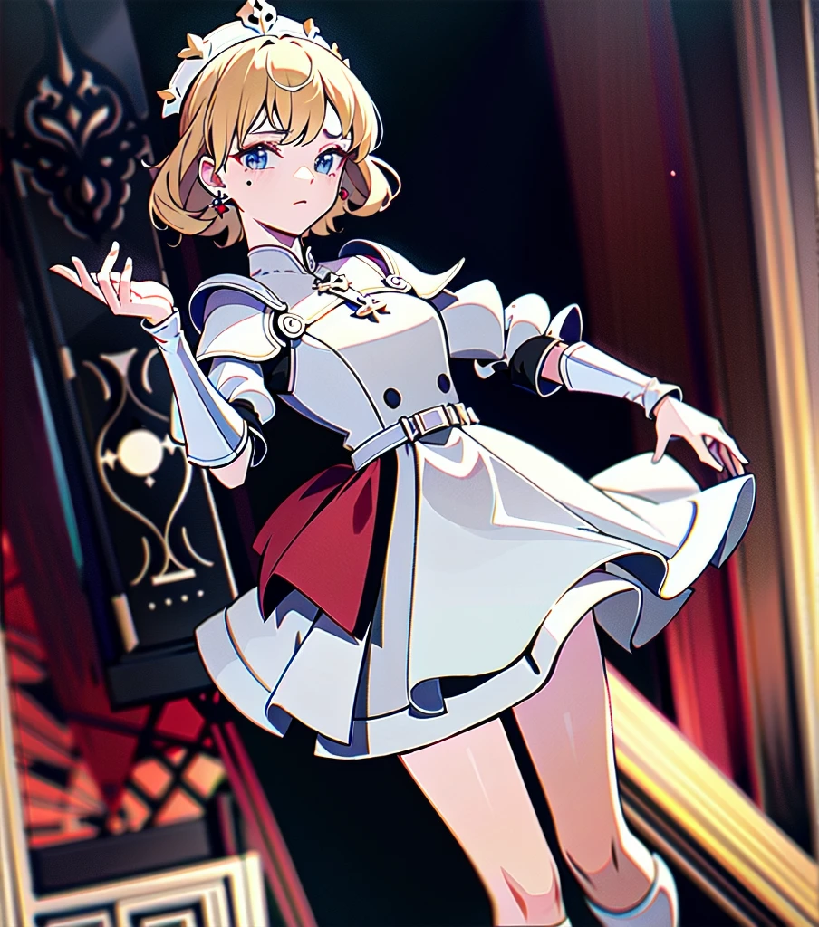 absurdres, RAW photo, extremely delicate and beautiful, masterpiece, Best Quality, ultra high resolution, 32k, hyperrealistic, ultra-detailed, 20 years old, detailed beautiful face, tearful mole, earring, very huge round breasts, short medium hair, wavy hair, wet clothes, (full body shot), alone, blonde hair, gauntlets, Joan of Arc, (surcoat), (cross armor),
