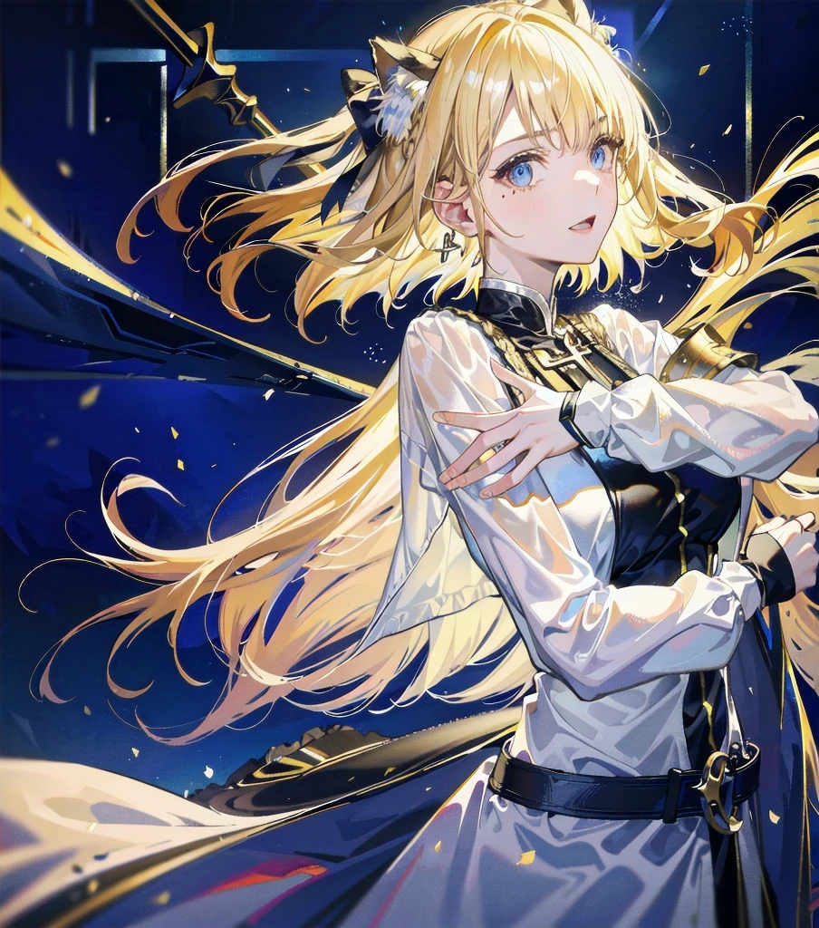 absurdres, RAW photo, extremely delicate and beautiful, masterpiece, Best Quality, ultra high resolution, 32k, hyperrealistic, ultra-detailed, 20 years old, detailed beautiful face, tearful mole, earring, very huge round breasts, short medium hair, wavy hair, wet clothes, (full body shot), alone, blonde hair, gauntlets, Joan of Arc, (surcoat), (cross armor),