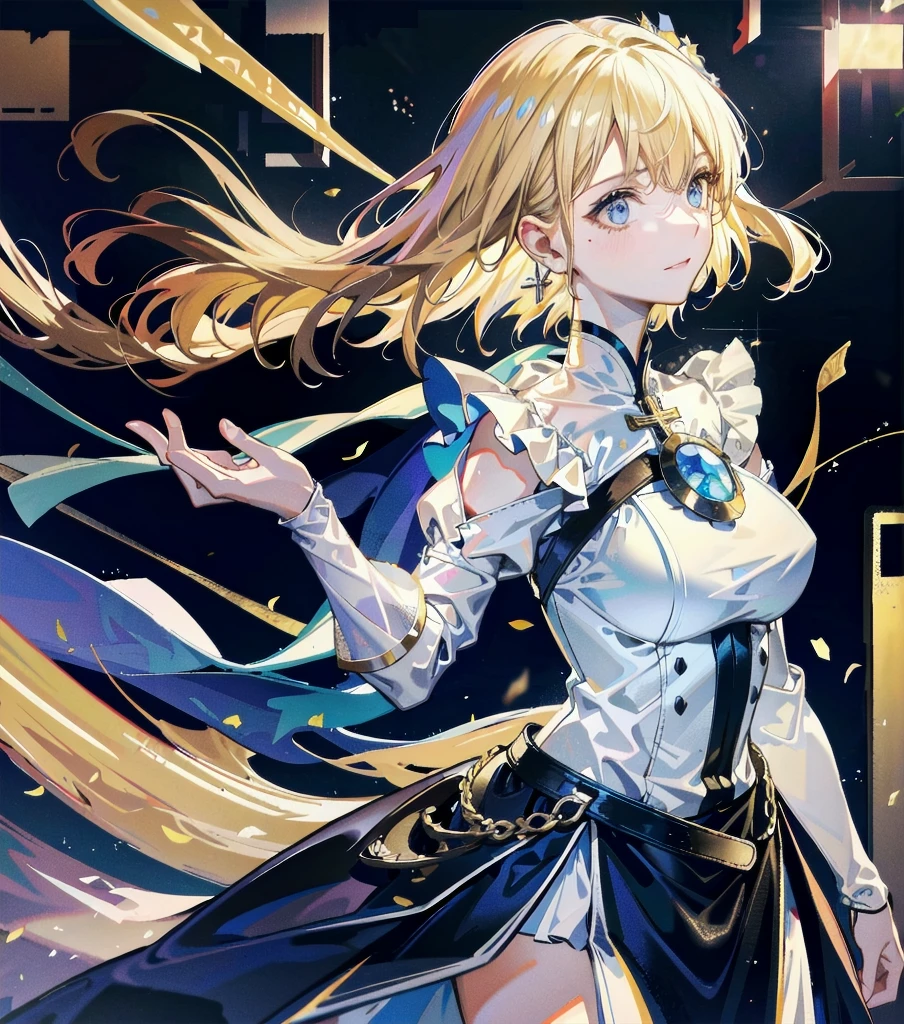 absurdres, RAW photo, extremely delicate and beautiful, masterpiece, Best Quality, ultra high resolution, 32k, hyperrealistic, ultra-detailed, 20 years old, detailed beautiful face, tearful mole, earring, very huge round breasts, short medium hair, wavy hair, wet clothes, (full body shot), alone, blonde hair, gauntlets, Joan of Arc, (surcoat), (cross armor),