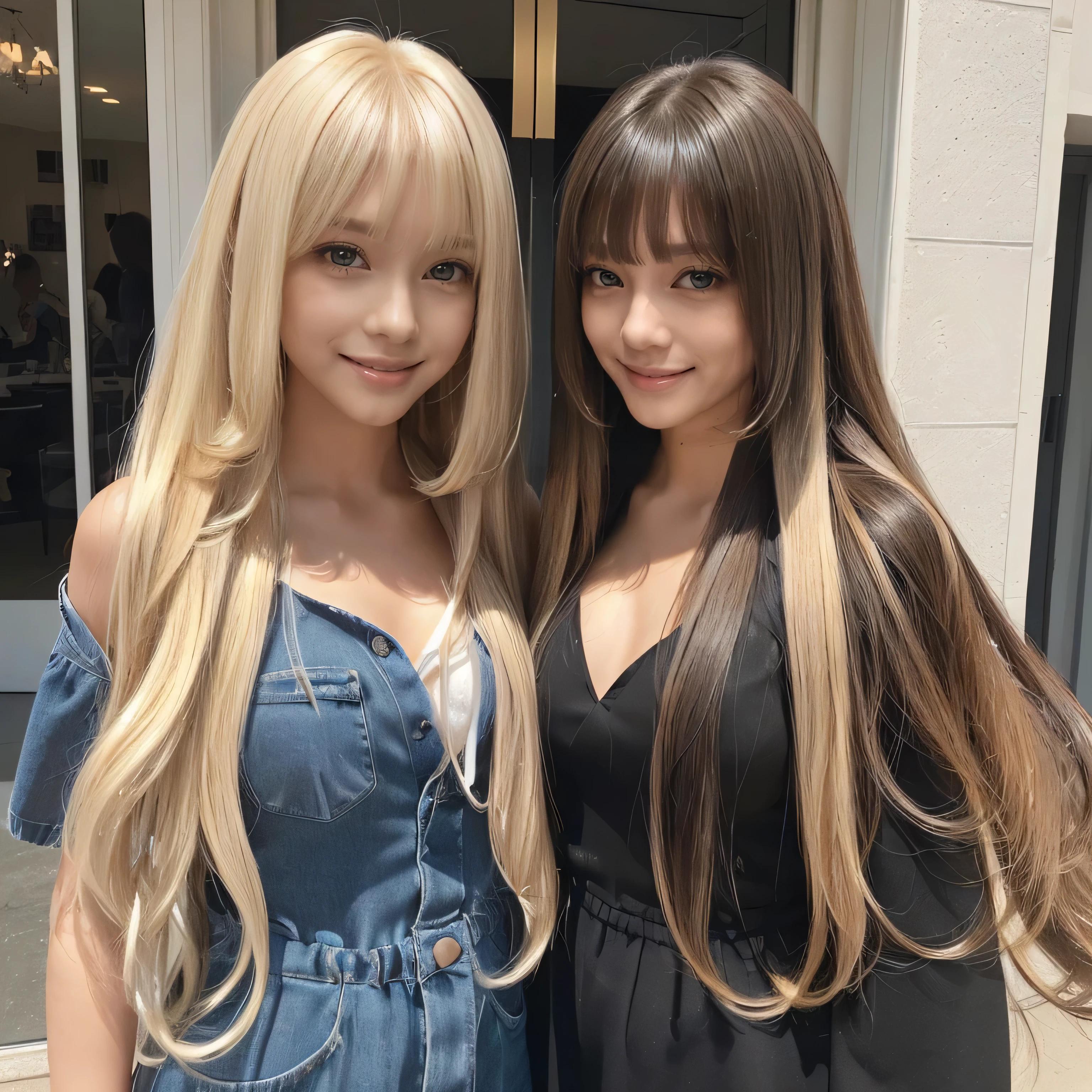 (Above-the-knee shot of two identical twins :1.3) (The two of them are posing together in a fun-looking way.:2.0) (They look happy as they look at her in the center of a busy street in France.) (Their faces are clones Clothes are random Hair color is random) (((Hair color is random))) ((Beautiful model with long platinum blonde hair, girl with super length Hair, extremely length Hair, extra length Hair, very long, Flowing Hair, very length Hair, length Hair girl, very long, Flowing platinum blonde hair, length Hair windy, very longプラチナブロンドヘア, length, Flowing Hair, length and or curly hair, with length Hair, length Hair!!!! Her highest quality hair is long and 真っ直ぐ or curly hair very long, highest quality platinum blonde, length hair in the center, Highest quality long Straight or curly hair, length, Straight or curly hair, beautiful, High quality platinum blonde hair, length and platinum blonde hair highest quality Straight or curly hair, length Hair, length and Straight or curly hair, highest quality platinum blondeヘア, Perfect silky Straight or curly hair of the highest quality, Straight or curly hair, highest quality platinum blondeヘア, length platinum blonde hair Straight or curly hair, length, Bright platinum blonde hair Her hair is long and Straight or curly hair, very longプラチナブロンドヘア, length hair in the center, length Straight or curly hair, length, Straight or curly hair, beautiful hair of the highest quality, length Hair, length, Straight or curly hairプラチナブロンドヘア , length and free Straight or curly hair Platinum blonde hair, Straight or curly hair Platinum blonde hair)) (Her bangs are perfect.:1.3) (France's most beautiful 24-year-old hair model) ((highest quality)), ((masterpiece)), (Familiar) (Get used to it) Perfect Face (Her skin is a typical French complexion...、And very detailed) (Big Breasts) (She is wearing a light blue skirt and a white blouse.......) (She has a beautiful French face and a typical French figure...., Narrow eyes) (She has perfect beautiful makeup and face Lipstick is light red A solid eyeliner) ((Rich 1.4)) (Extremely detailed 8K) (Ultra-fine skin texture 1.4) (Actual, Vibrant:1.4), double eyelid Sharp focus:1.2、Beautiful woman:1.4 Dynamic Lighting (Genuine RAW photos taken by professional photographers) (Her long bangs、Well Organized) Professionally lit from the front (She has a bright and cheerful face)