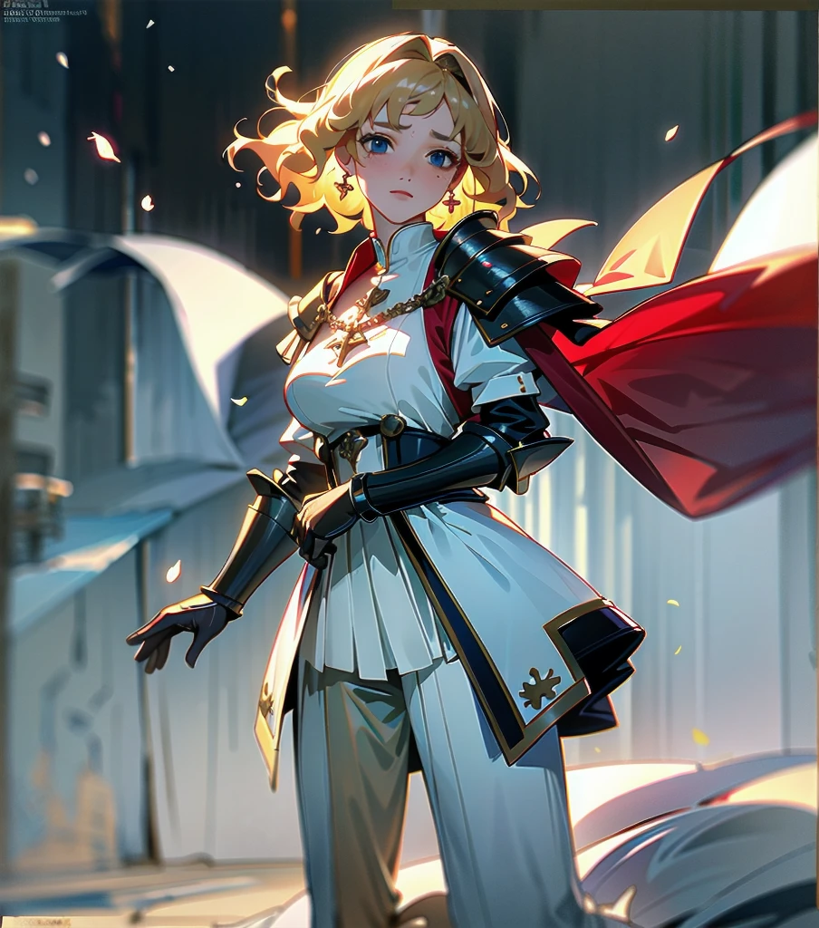 absurdres, RAW photo, extremely delicate and beautiful, masterpiece, Best Quality, ultra high resolution, 32k, hyperrealistic, ultra-detailed, 20 years old, detailed beautiful face, tearful mole, earring, very huge round breasts, short medium hair, wavy hair, wet clothes, (full body shot), alone, blonde hair, gauntlets, Joan of Arc, (surcoat), (cross armor),