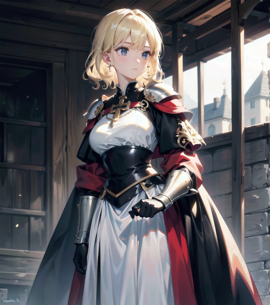 absurdres, RAW photo, extremely delicate and beautiful, masterpiece, Best Quality, ultra high resolution, 32k, hyperrealistic, ultra-detailed, 20 years old, detailed beautiful face, tearful mole, earring, very huge round breasts, short medium hair, wavy hair, wet clothes, (full body shot), alone, blonde hair, gauntlets, Joan of Arc, (surcoat), (cross armor),