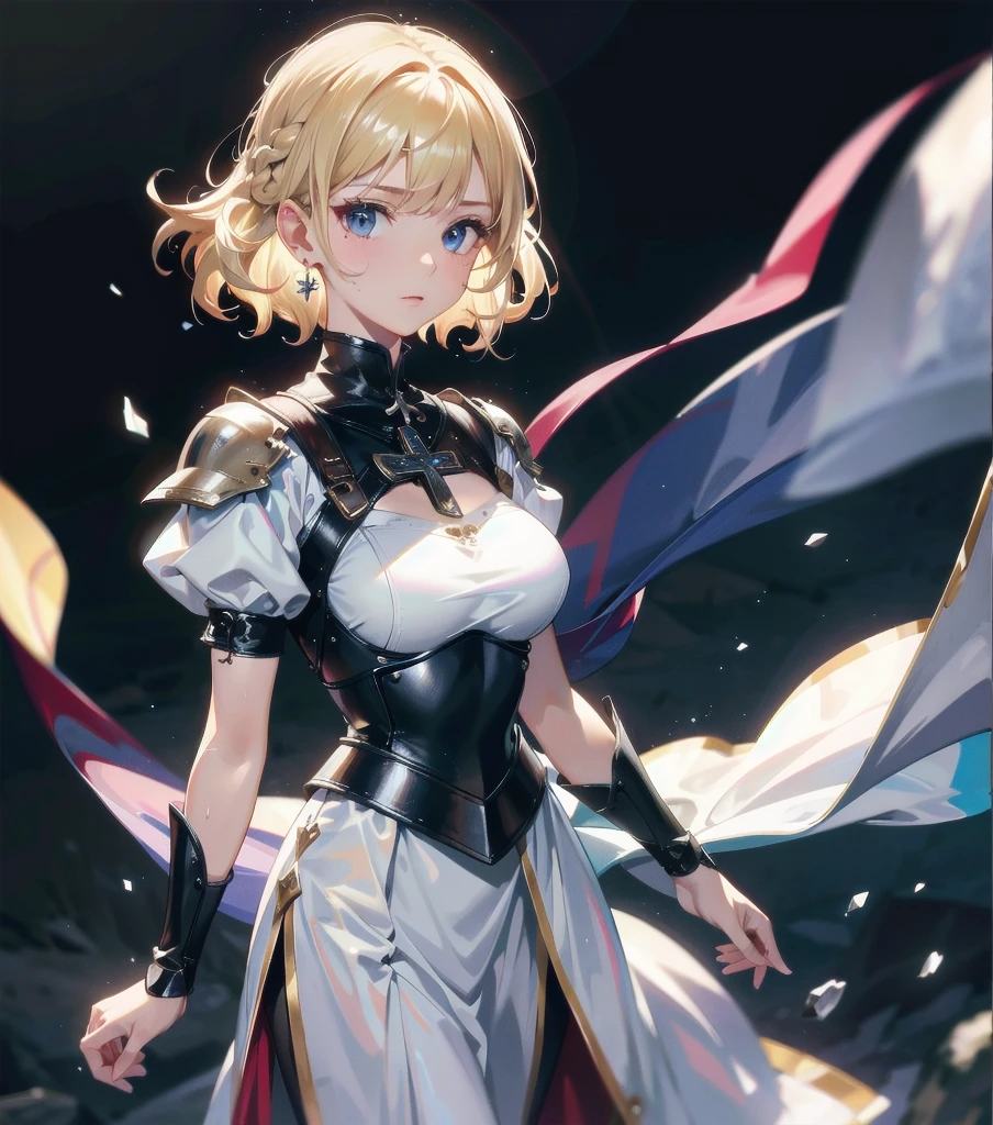 absurdres, RAW photo, extremely delicate and beautiful, masterpiece, Best Quality, ultra high resolution, 32k, hyperrealistic, ultra-detailed, 20 years old, detailed beautiful face, tearful mole, earring, very huge round breasts, short medium hair, wavy hair, wet clothes, (full body shot), alone, blonde hair, gauntlets, Joan of Arc, (surcoat), (cross armor),