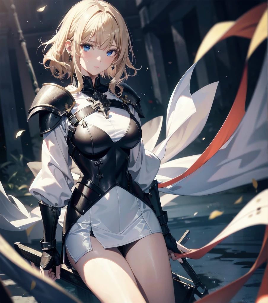 absurdres, RAW photo, extremely delicate and beautiful, masterpiece, Best Quality, ultra high resolution, 32k, hyperrealistic, ultra-detailed, 20 years old, detailed beautiful face, tearful mole, earring, very huge round breasts, short medium hair, wavy hair, wet clothes, (full body shot), alone, blonde hair, gauntlets, Joan of Arc, (surcoat), (cross armor),