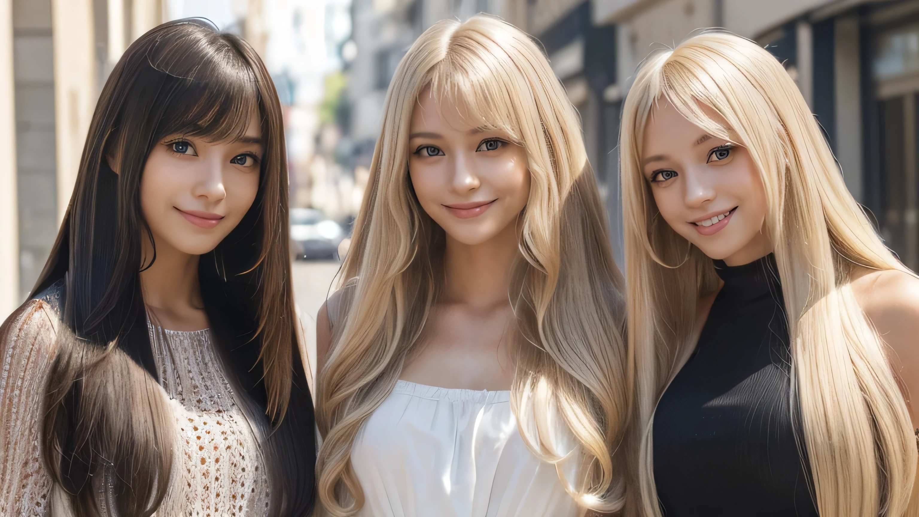 (Knee-high shot of three identical twins :1.3) (The three of them are posing together in a fun-looking way.:2.0) (They look happy as they look at her in the center of a busy street in France.) (Their faces are clones Clothes are random Hair color is random) (((Hair color is random))) ((Beautiful model with long platinum blonde hair, girl with super length Hair, extremely length Hair, extra length Hair, very long, Flowing Hair, very length Hair, length Hair girl, very long, Flowing platinum blonde hair, length Hair windy, very longプラチナブロンドヘア, length, Flowing Hair, length and or curly hair, with length Hair, length Hair!!!! Her highest quality hair is long and 真っ直ぐ or curly hair very long, highest quality platinum blonde, length hair in the center, Highest quality long Straight or curly hair, length, Straight or curly hair, beautiful, High quality platinum blonde hair, length and platinum blonde hair highest quality Straight or curly hair, length Hair, length and Straight or curly hair, highest quality platinum blondeヘア, Perfect silky Straight or curly hair of the highest quality, Straight or curly hair, highest quality platinum blondeヘア, length platinum blonde hair Straight or curly hair, length, Bright platinum blonde hair Her hair is long and Straight or curly hair, very longプラチナブロンドヘア, length hair in the center, length Straight or curly hair, length, Straight or curly hair, beautiful hair of the highest quality, length Hair, length, Straight or curly hairプラチナブロンドヘア , length and free Straight or curly hair Platinum blonde hair, Straight or curly hair Platinum blonde hair)) (Her bangs are perfect.:1.3) (France's most beautiful 24-year-old hair model) ((highest quality)), ((masterpiece)), (Familiar) (Get used to it) Perfect Face (Her skin is a typical French complexion...、And very detailed) (Big Breasts) (She is wearing a light blue skirt and a white blouse.......) (She has a beautiful French face and a typical French figure...., Narrow eyes) (She has perfect beautiful makeup and face Lipstick is light red A solid eyeliner) ((Rich 1.4)) (Extremely detailed 8K) (Ultra-fine skin texture 1.4) (Actual, Vibrant:1.4), double eyelid Sharp focus:1.2、Beautiful woman:1.4 Dynamic Lighting (Genuine RAW photos taken by professional photographers) (Her long bangs、Well Organized) Professionally lit from the front (She has a bright and cheerful face)