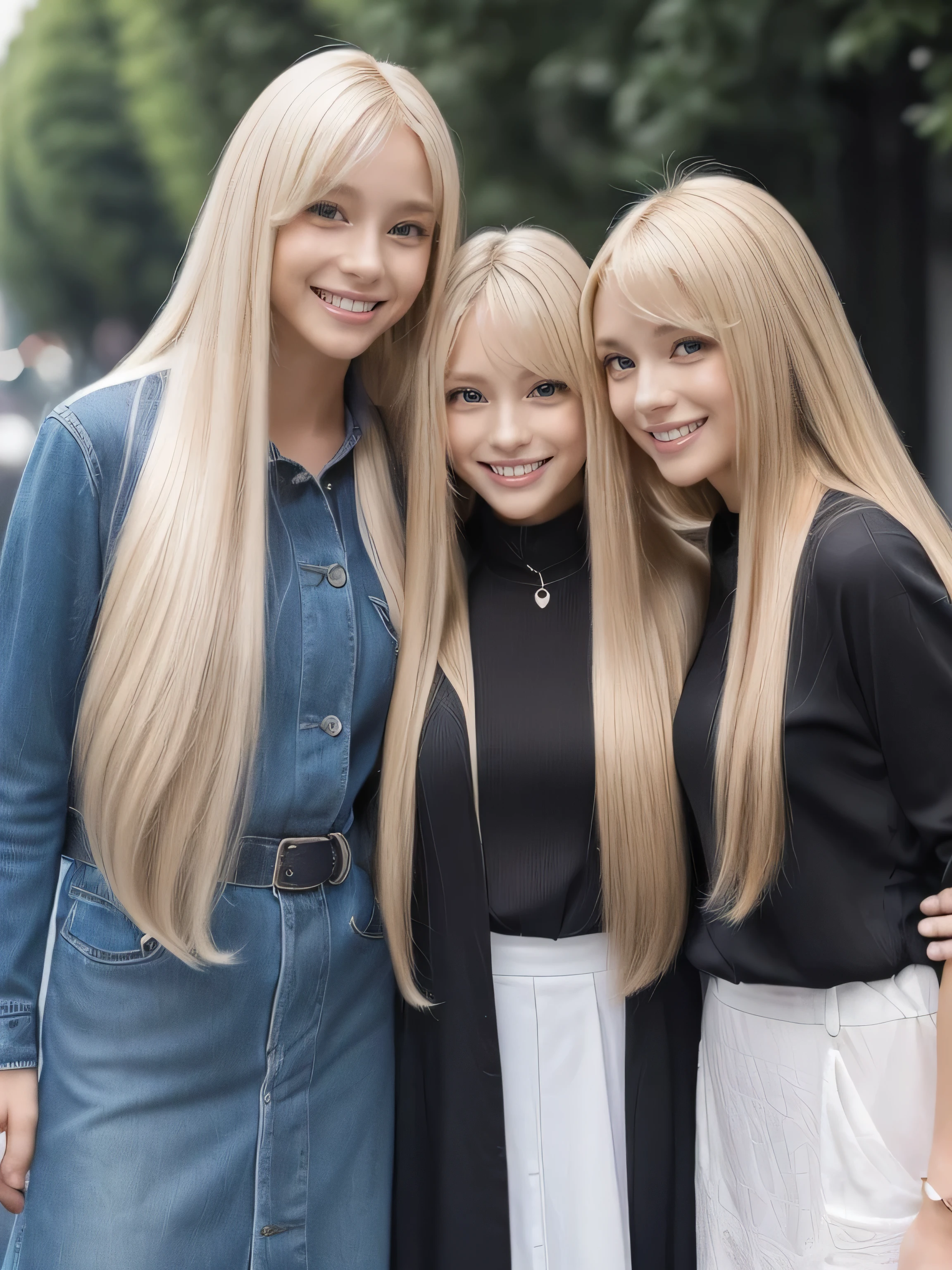 (Knee-high shot of three identical twins :1.3) (The three of them are posing together in a fun-looking way.:2.0) (They look happy as they look at her in the center of a busy street in France.) (Their faces are clones Clothes are random Hair color is random) (((Hair color is random))) ((Beautiful model with long platinum blonde hair, girl with super length Hair, extremely length Hair, extra length Hair, very long, Flowing Hair, very length Hair, length Hair girl, very long, Flowing platinum blonde hair, length Hair windy, very longプラチナブロンドヘア, length, Flowing Hair, length and or curly hair, with length Hair, length Hair!!!! Her highest quality hair is long and 真っ直ぐ or curly hair very long, highest quality platinum blonde, length hair in the center, Highest quality long Straight or curly hair, length, Straight or curly hair, beautiful, High quality platinum blonde hair, length and platinum blonde hair highest quality Straight or curly hair, length Hair, length and Straight or curly hair, highest quality platinum blondeヘア, Perfect silky Straight or curly hair of the highest quality, Straight or curly hair, highest quality platinum blondeヘア, length platinum blonde hair Straight or curly hair, length, Bright platinum blonde hair Her hair is long and Straight or curly hair, very longプラチナブロンドヘア, length hair in the center, length Straight or curly hair, length, Straight or curly hair, beautiful hair of the highest quality, length Hair, length, Straight or curly hairプラチナブロンドヘア , length and free Straight or curly hair Platinum blonde hair, Straight or curly hair Platinum blonde hair)) (Her bangs are perfect.:1.3) (France's most beautiful 24-year-old hair model) ((highest quality)), ((masterpiece)), (Familiar) (Get used to it) Perfect Face (Her skin is a typical French complexion...、And very detailed) (Big Breasts) (She is wearing a light blue skirt and a white blouse.......) (She has a beautiful French face and a typical French figure...., Narrow eyes) (She has perfect beautiful makeup and face Lipstick is light red A solid eyeliner) ((Rich 1.4)) (Extremely detailed 8K) (Ultra-fine skin texture 1.4) (Actual, Vibrant:1.4), double eyelid Sharp focus:1.2、Beautiful woman:1.4 Dynamic Lighting (Genuine RAW photos taken by professional photographers) (Her long bangs、Well Organized) Professionally lit from the front (She has a bright and cheerful face)