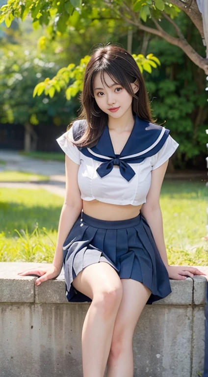 (highest quality:1.4), (hyper quality), (Super detailedな), Beautiful and young looking girl:1.2, very cute, wonderful face and eyes, (A thin, short-sleeved white sailor school uniform), cropped tops:1.2, (A light blue gingham check pleated micro mini skirt with a very low rise), (Incredibly big big:1.3), (super slender:1.1), (Skinny thin legs:1.2), (very thin waist:1.2), realistic skin texture, bangs:1.3, bright and glossy lips, Beautiful goddess descends, beautiful background, golden ratio, conceptual art, Super detailed, Accurate, advanced details, outdoor, sexy art, Standing in the midsummer sunshine, bright light, Super delicate illustration details, 8k wallpaper that combines high-definition CG, Raw photo, professional photos, cinematic lighting, Depth of written boundary, (No bra in uniform:1.2), belly button, (You can see the shape of the nipple protrusions through the uniform.), (The nipple protrusions push up the uniform), Her big breasts are stretched out from her uniform:1.2, (I can see the underboob:1.2), (High heels on bare feet)