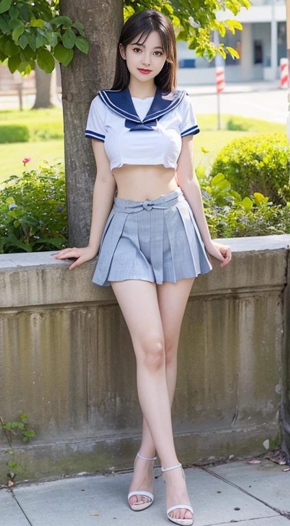 (highest quality:1.4), (hyper quality), (Super detailedな), Beautiful and young looking girl:1.2, very cute, wonderful face and eyes, (A thin, short-sleeved white sailor school uniform), cropped tops:1.2, (A light blue gingham check pleated micro mini skirt with a very low rise), (Incredibly big big:1.3), (super slender:1.1), (Skinny thin legs:1.2), (very thin waist:1.2), realistic skin texture, bangs:1.3, bright and glossy lips, Beautiful goddess descends, beautiful background, golden ratio, conceptual art, Super detailed, Accurate, advanced details, outdoor, sexy art, Standing in the midsummer sunshine, bright light, Super delicate illustration details, 8k wallpaper that combines high-definition CG, Raw photo, professional photos, cinematic lighting, Depth of written boundary, (No bra in uniform:1.2), belly button, (You can see the shape of the nipple protrusions through the uniform.), (The nipple protrusions push up the uniform), Her big breasts are stretched out from her uniform:1.2, (I can see the underboob:1.2), (High heels on bare feet)