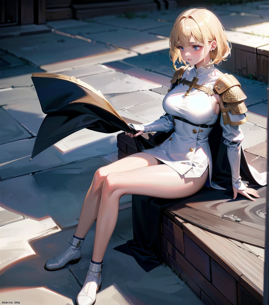 absurdres, RAW photo, extremely delicate and beautiful, masterpiece, Best Quality, ultra high resolution, 32k, hyperrealistic, ultra-detailed, 20 years old, detailed beautiful face, tearful mole, earring, very huge round breasts, short medium hair, wavy hair, wet clothes, (full body shot), alone, blonde hair, gauntlets, Joan of Arc, (surcoat), (cross armor),
