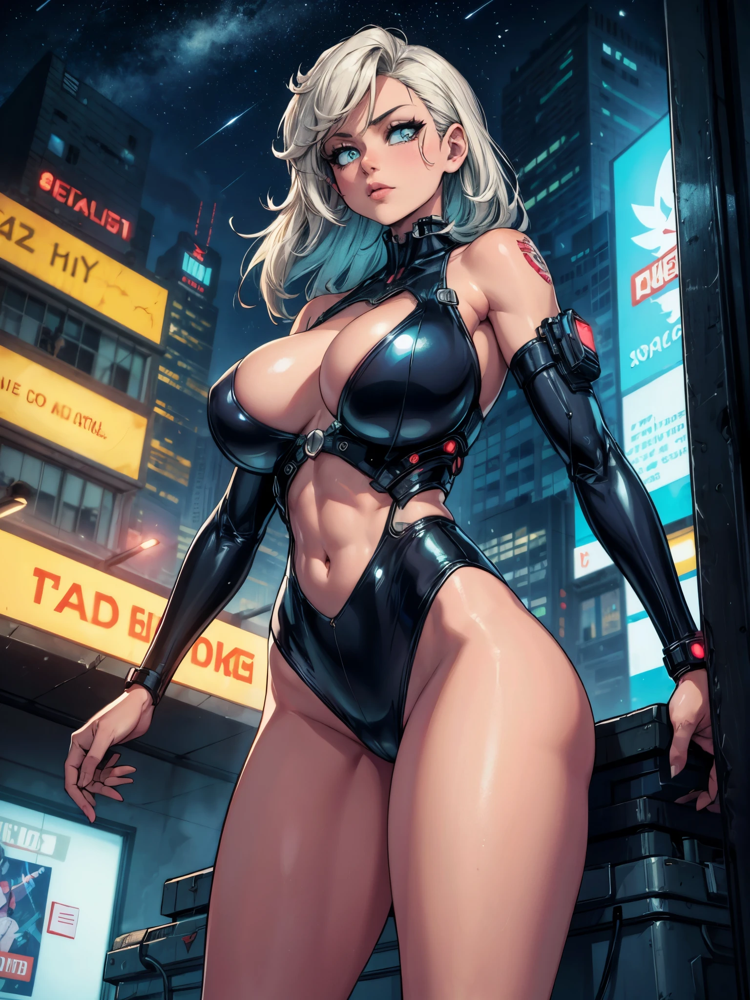 ((best quality)), ((detailed)), ((masterpiece)), Lucy standing on top of a skyscraper staring at the stars, (huge breasts), fit toned body, beautiful face, lucy \(cyberpunk\), (robot joints:0.5), mechanical parts, toned thighs, cyberpunk, star filled sky, moon, neon lights, vibrant colors, highrise buildings in background, intricate details, cinematic lighting, illustration, low angle,