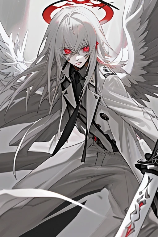 19 year old anime boy, pelo largo blanco y negro en cada mitad, ojos rojos brillantes de demonio, usando una espada negra con runas, cuernos en la frente, Gray Angel Halo, dark trench coat, dark angel wings, llorando sangre