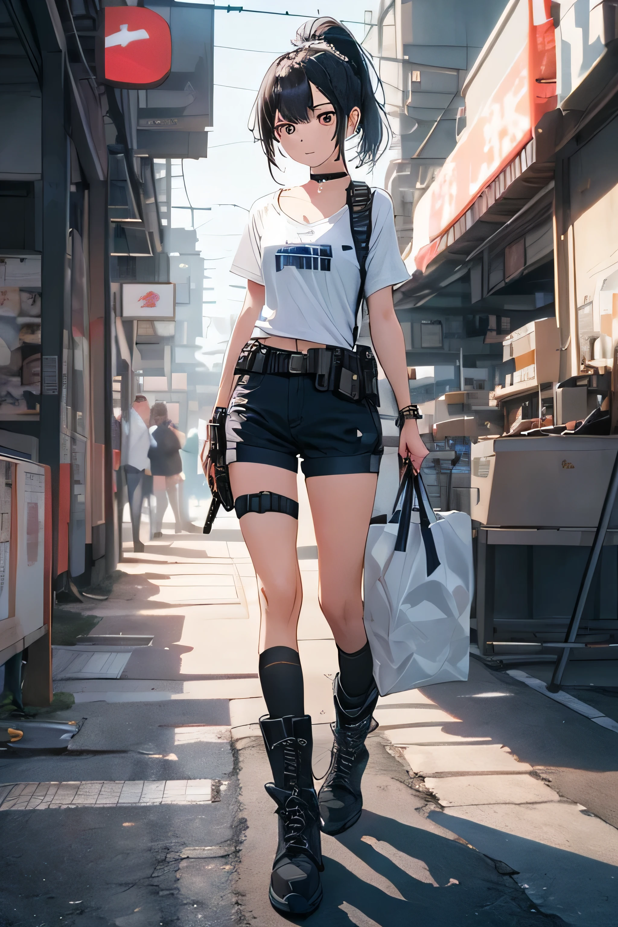 masterpiece, highest quality, One Girl, Medium Long Bob, Ponytail, choker, shirt, Open sweatshirt, Cyberpunk style clothing, Army Boots, Shoulder Holster, Beautiful breasts, finely, Toned legs, A girl standing in the center of town, More backgrounds, gun shop, gun, Armed, The subject is very small, The subject is extremely small, The subject&#39;s entire body is visible, spring, Warm colors, Natural posing, Accurate and highly detailed backgrounds, cute, Detailed face, fine grain, Beautiful Eyes, Facing forward、Watching the viewer from afar, Jet Black Hair, smile, Delicately drawn limbs,