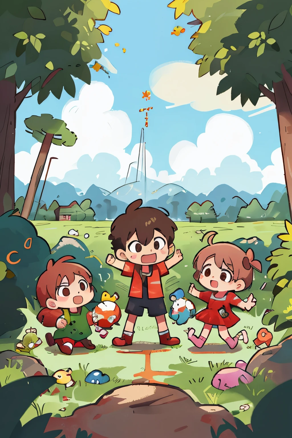 Several children playing around the countryside,Handheld toys,Cartoon Style,Colorful,concise,Leave space in the middle of the screen for text